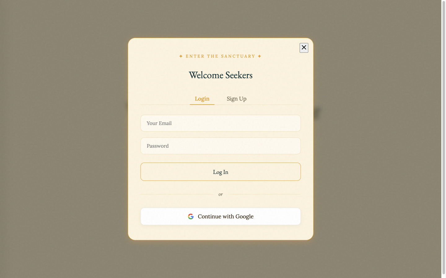 Captured Ask Krishna sign-in screen with email, password, and Google sign-in controls